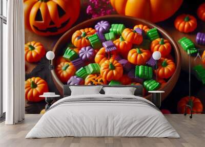 halloween candy corn, Candies in the shape of pumpkins for Halloween, created whit A.I generative. Wall mural