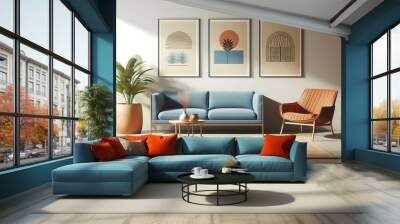 modern living room with sofa, Blue sofa and terra cotta lounge chair against wall with two art posters Minimalist home interior design of modern living room., created with generative A.I. Wall mural