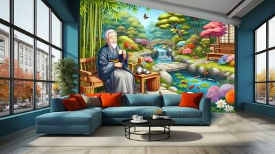 person with flowers, giant buddha statue, Wabi sabi style garden illustration, generative AI Wall mural