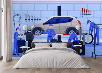 Four mechanics maintenance and repair of the car. Flat horizontal banner with scene presents workers in tire service and car repair vector illustration  Background stock vector Wall mural