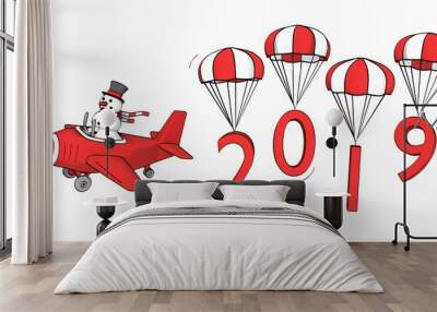 little sketchy snowman flying in a plane and the year 2019 on parachutes Wall mural