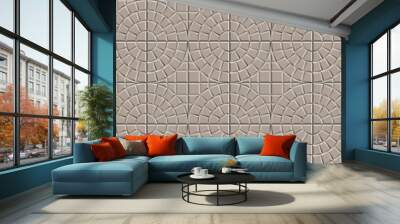 3D seamless texture of circle squared floor tiles. Repeating beige pattern of radial stone pavement Wall mural