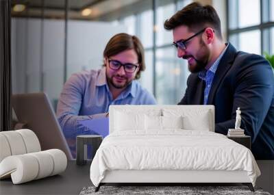 Business Meeting,  Two Businessmen Collaborating on a Laptop in a Modern Office Setting Wall mural