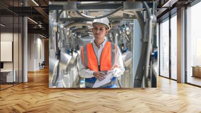 Engineers inspect gas and water pipes for power and cooling in industrial and building systems. workers in safety gear work seriously in oil and gas refining plant with pipes connecting to machinery. Wall mural