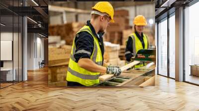 man cleaning timber wood in dark warehouse industry. Team worker carpenter wearing safety uniform and hard hat working and checking the quality of wooden products at workshop manufacturing. Wall mural