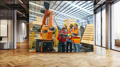 team Engineers standing by robotic arm and operating machine in factory. worker man control on tablet. Workers work at heavy machine robot arm. High-tech robot with a remote system in Wood factory. Wall mural