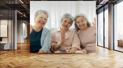 Three elderly women sit together, smiling and waving at the camera, radiating joy and friendship. The image emphasizes companionship, happiness, and togetherness in a relaxed, homey setting. Wall mural