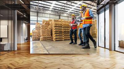 workers man and woman engineering walking and inspecting with working suite dress and hand glove in the front machine. Concept of smart industry worker operating. Wood factories produce wood timber. Wall mural