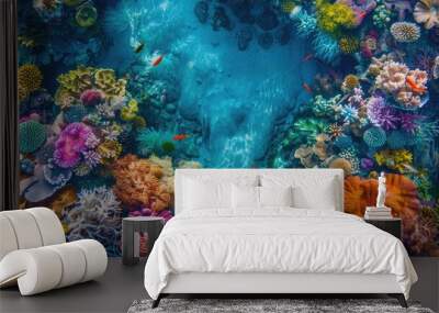 A top view of a vibrant coral reef with colorful marine life and crystal-clear water, providing a breathtaking underwater scene Wall mural