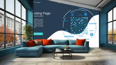 Website landing page vector template. Blue-white background with abstract circuit thin line illustration Wall mural