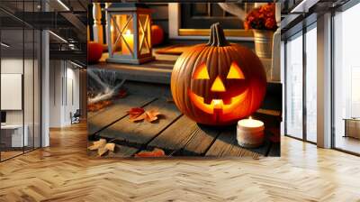 Cozy Halloween porch decor with glowing jack-o'-lantern Wall mural