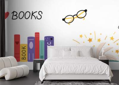 Vector colorfule books set. Stacks of books and open book. I love books and read more lettering. Text. Eyeglasses. Wall mural