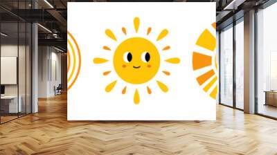 Vector cute smiling suns with face. Funny childish suns in flat design. Childish sunshine emoji. Baby suns with sunbeams. Wall mural