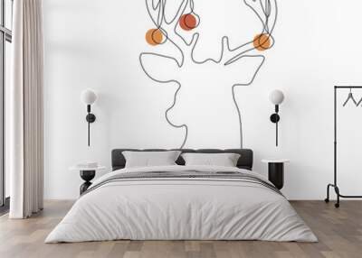 Vector deer in line art style. Deer with Christmas decorations hanging on the antlers. Wall mural