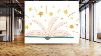 Vector open book with flying stars. Magic reading. Knowledge. Fairy tale. Wall mural