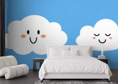 Vector set of white smiling clouds with faces on blue background. Cute funny baby cloud collection in flat design. Childish elements. Wall mural