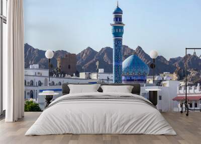 Blue Dome and Minaret of Mutrah Mosque with mountain in Background - Muscat, Oman Wall mural