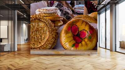 National festal uzbek bread sold in the market - Samarkand, Uzbekistan. There are two types of Uzbek bread: plain and festal one. Wall mural