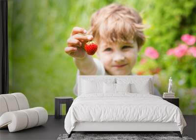  boy holds a strawberry in hands outdoors. Wall mural