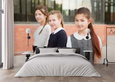 cute group girls teenages sitting outside school buildings Wall mural