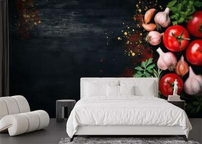 Tomatoes, garlic, and herbs on a dark background with paprika seasoning Wall mural