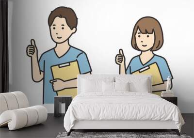 カルテを持ってグッドポーズをする看護師の女性と男性のイラストセット Wall mural