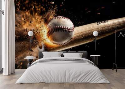 A baseball bat hit the ball on black background Wall mural