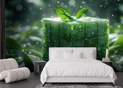 Beautiful green juicy leaves in an ice cube Wall mural