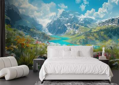 Alpine Meadow with Majestic Mountain Range and Serene Lake Wall mural