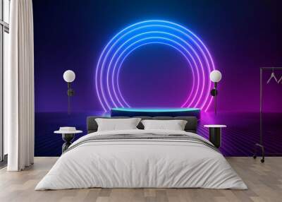 A 3D render featuring a round podium in the foreground, set against a dark background with smoke and round illuminated by blue-purple neon lights, creates a for showcasing products or presentations. Wall mural