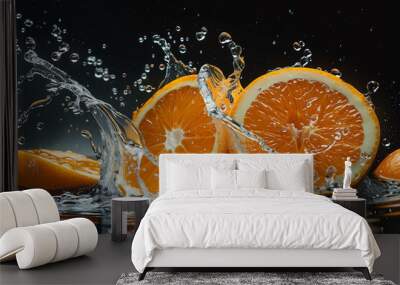 A close-up of fresh oranges with water droplets splashing around it on a dark background. The water droplets enhance the freshness and juiciness of the fruits, making them appear appetizing.  Wall mural