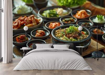 A beautifully arranged set of Korean rice wine (makgeolli) in a traditional ceramic bowl, with a ladle and small cups, alongside a plate of kimchi and side dishes Wall mural