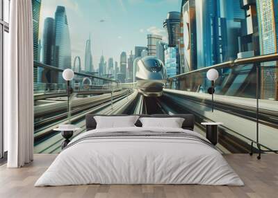 A high-tech maglev train speeding through a futuristic urban landscape, showcasing the evolution of high-speed rail technology Wall mural