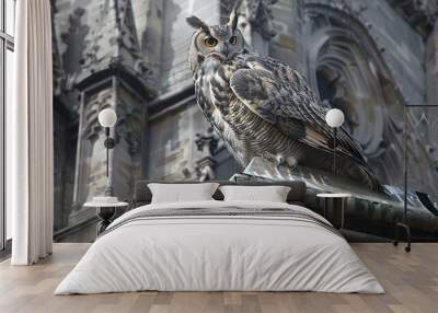 A majestic owl perched on the ledge of a gothic cathedral, its feathers ruffled by the wind, with intricate stone carvings in the background Wall mural