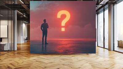 A question mark icon glowing on a distant horizon, symbolizing the unknown future or a journey into uncertainty Wall mural