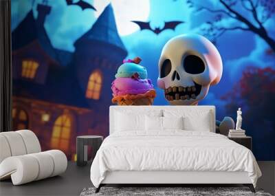 A skeletal a grinning skull face holding a colorful ice cream cone in front of a haunted house with a full moon and bats in the night sky created with generative ai Wall mural