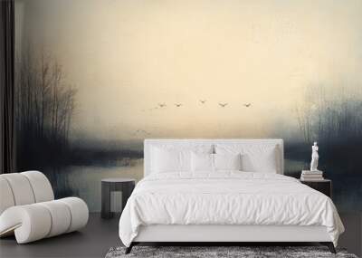 Birds Flying Over a Still Lake and Forest Wall mural