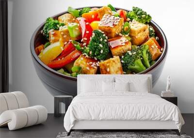 Bowl of tofu, broccoli, peppers, and sesame seeds. Wall mural