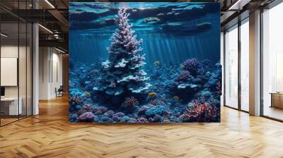 Christmas tree made of coral underwater, ai art Wall mural