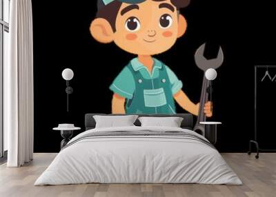 Cute cartoon mechanic holding a wrench in work attire Wall mural