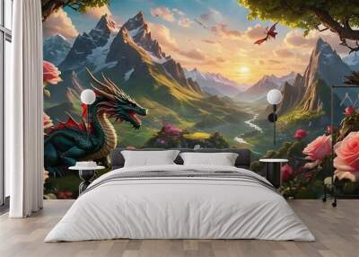 Dragon on Mountains generated By AI  technology Wall mural