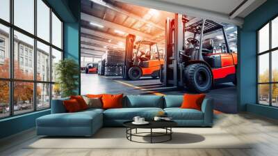 Forklifts in a warehouse setting for material handling. Wall mural