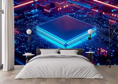 Futuristic microchip on a circuit board. Wall mural