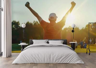 Golfer Celebrating Hole-in-One with Raised Arms Wall mural