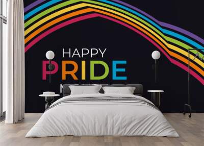 Happy Pride month text and rainbow pride ribbon roll wave on circle dot texture and dark background vector design. stickers, background, banner, poster, greeting card, printables, print ads, signs. Wall mural