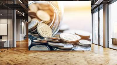 Jar of coins spilled on a wooden surface. Wall mural