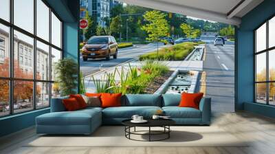 A city boulevard redesigned with green medians and stormwater management systems. Wall mural