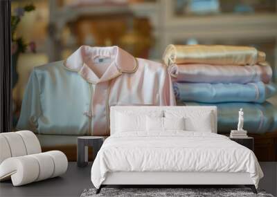 A display of luxurious silk pajamas in soft pastel colors, neatly folded on a wooden table. Wall mural