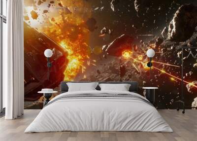 A fierce battle between two rival factions over a valuable asteroid belt. Wall mural