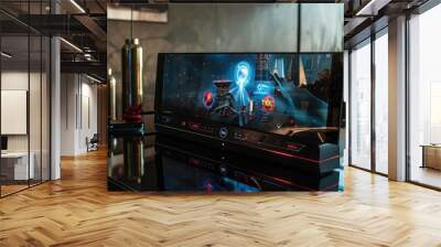 A futuristic, AI-driven home entertainment system with holographic display and immersive sound. Wall mural